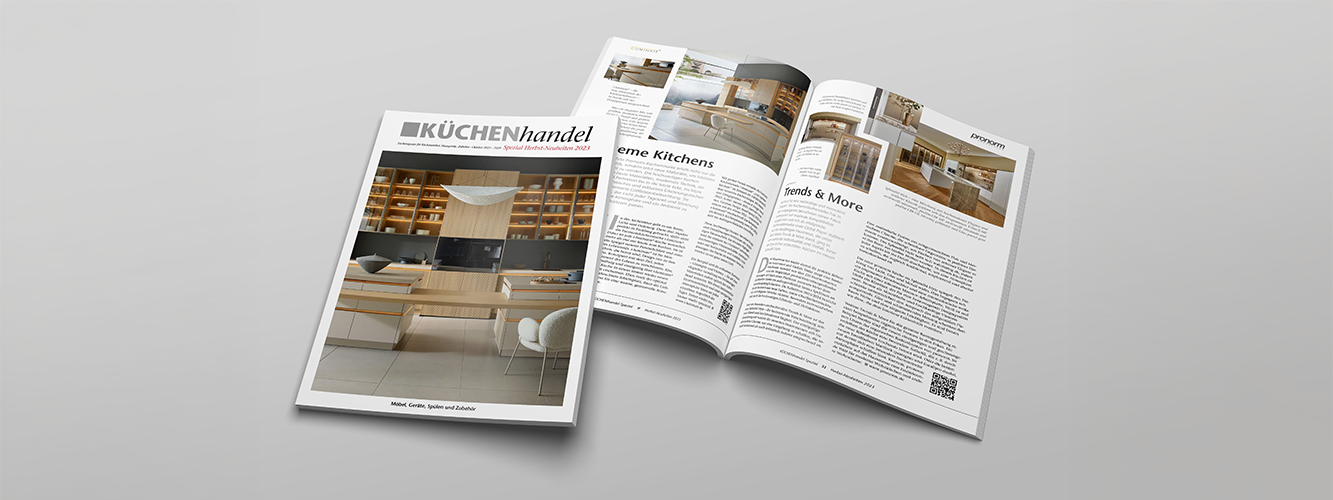 Aufgeschlagene Magazin und Cover des Küchenhandel Magazins mit einer Küche von pronorm und der Premiummarke i-luminate von pronorm.