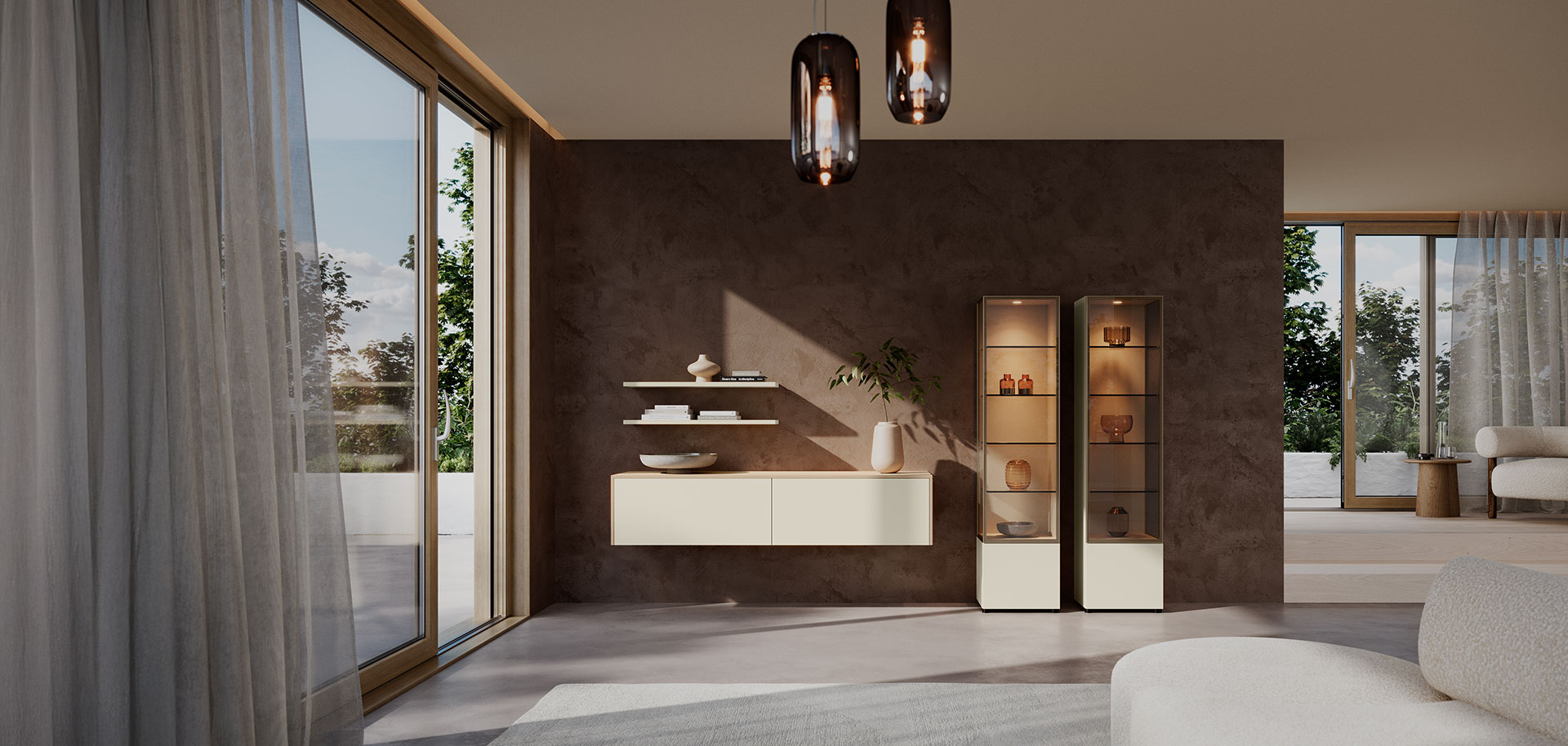 Wohnidee für ein modernes Wohnzimmer mit maßgefertigten Wohnmöbeln von pronorm