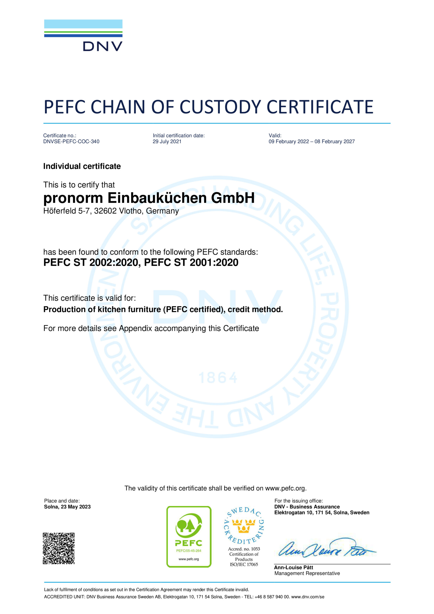 pronorm is a PEFC-certified kitchen manufacturer and the wood used comes from sustainably managed forests.