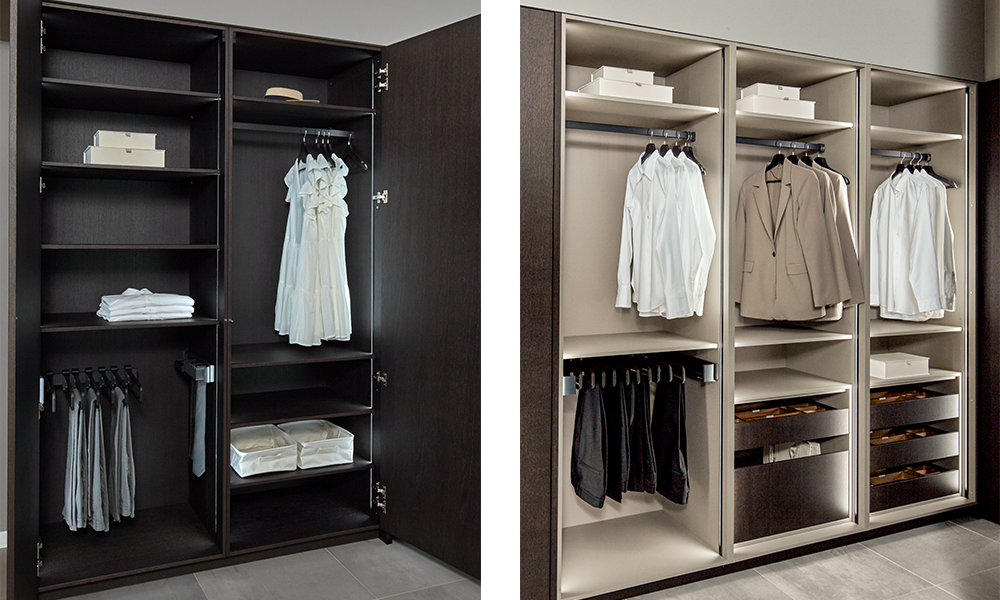 Moderner Kleiderschrank mit durchdachtem Ordnungssystem zur platzsparenden Aufbewahrung im Ankleidezimmer.
