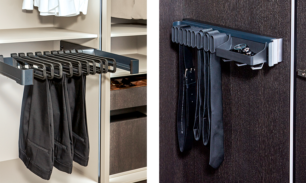 Krawattenhalter und Hosenauszug als platzsparende Aufbewahrungslösung im Kleiderschrank.