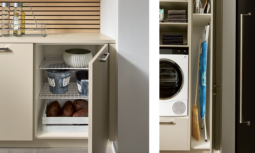 Système de rangement pratique dans un cellier avec emplacement pour table à repasser.