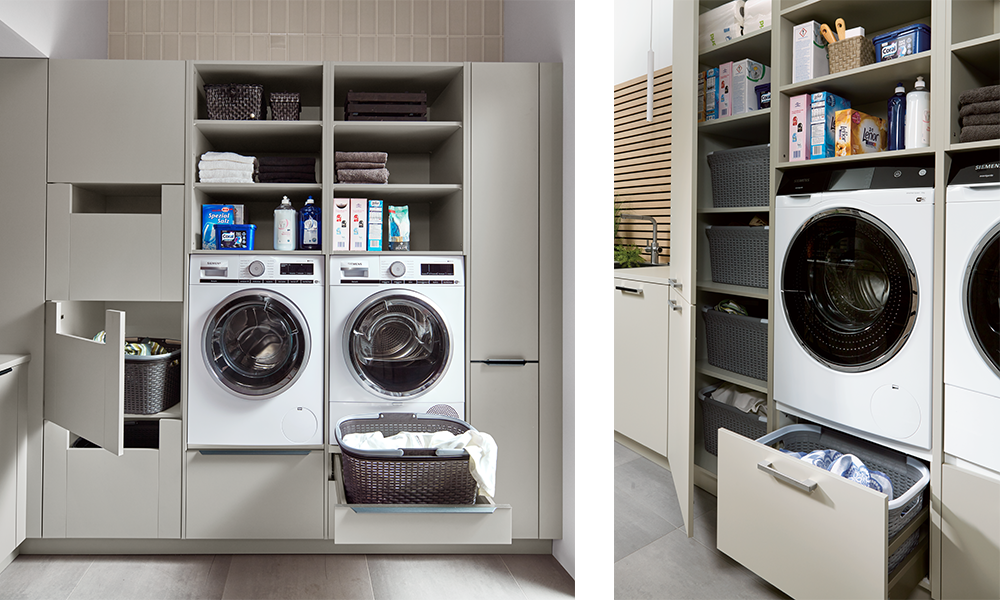 Utility room with washing machine and tumble dryer side by side, open shelving and organised storage system