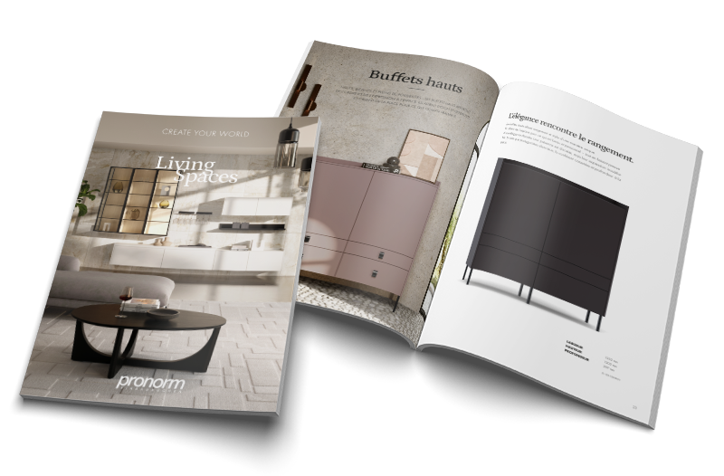 Brochure pronorm Living Spaces présentant des meubles de salon tels que lowboards, sideboards, highboards et un dressing walk-in
