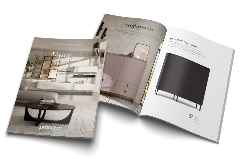 pronorm Living Spaces Broschüre mit Wohnmöbeln wie Lowboards, Sideboards, Highboards und begehbarem Kleiderschrank