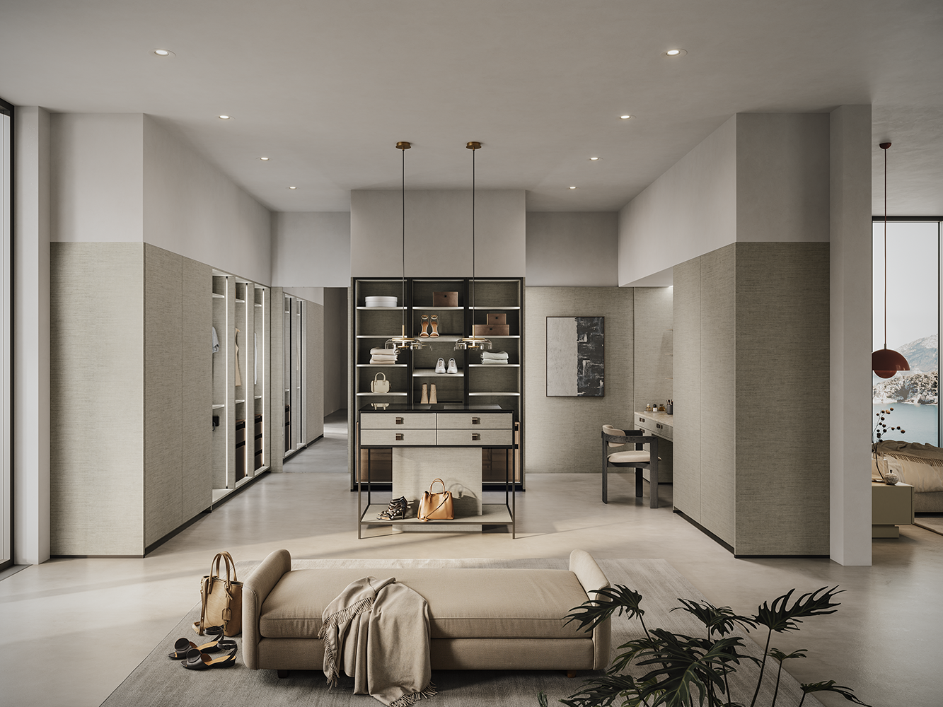 Moderne Ankleide mit eleganter Insel in Leinenoptik – stilvolles Interior-Design von pronorm.