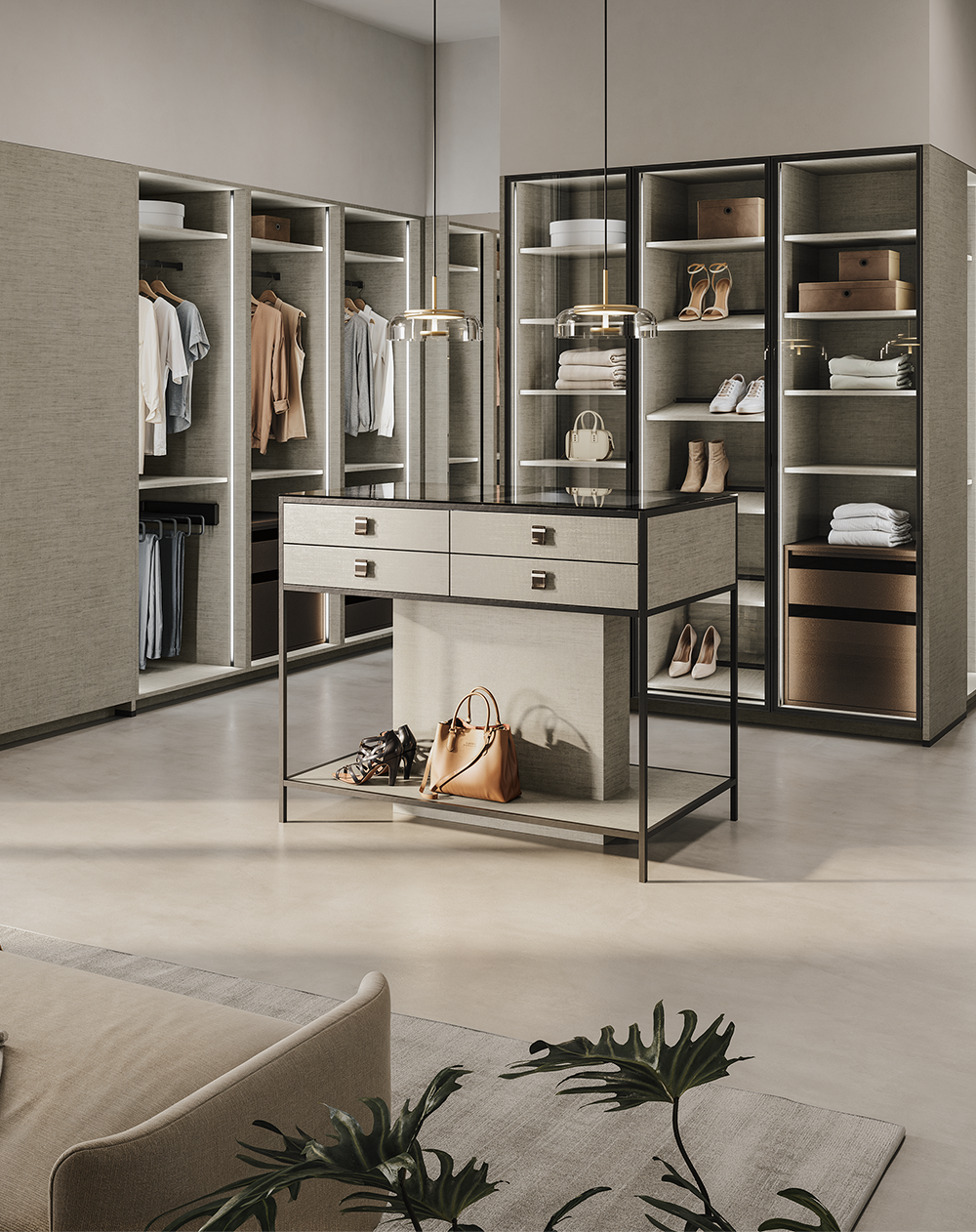 Detailansicht der Ankleide mit Leinenoptik-Insel und offenen Regalen – hochwertiges Design von pronorm.