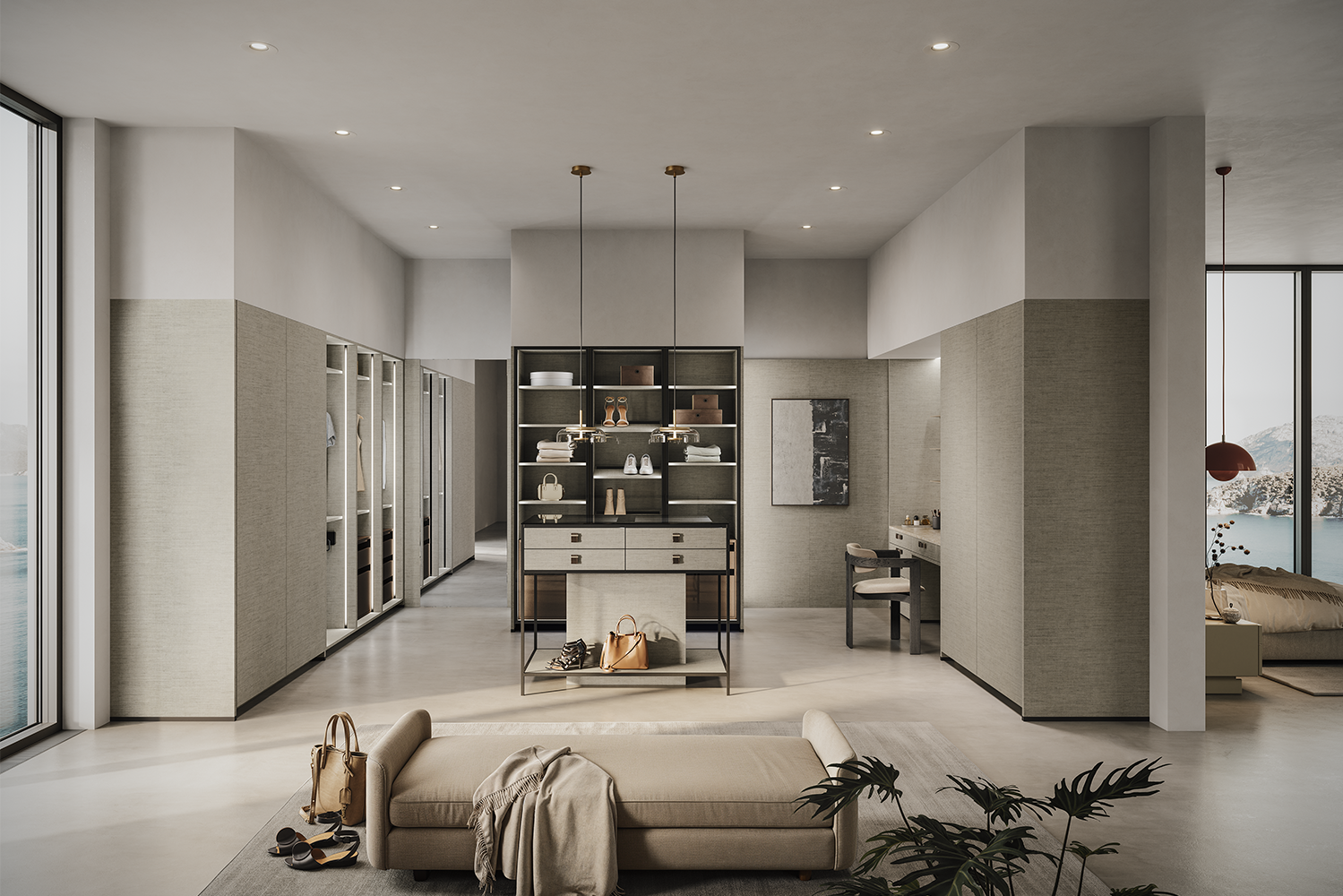 pronorm Ankleidezimmer in Leinenoptik mit Inselmodul, Spiegelschrank und integrierter Sitzbank.