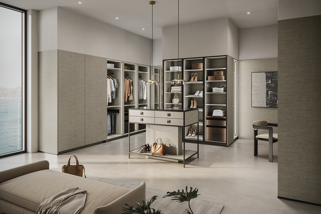 Offene Ankleide in Leinenoptik mit eleganter Insel und Glasvitrinen – modernes Design von pronorm.