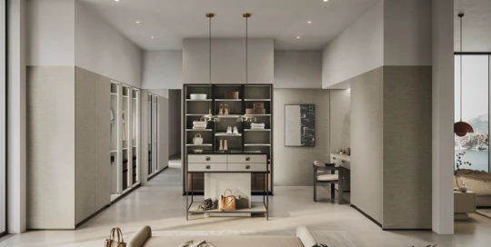 Moderne inloopkast met eiland in linnenlook – luxe interieurontwerp van pronorm.
