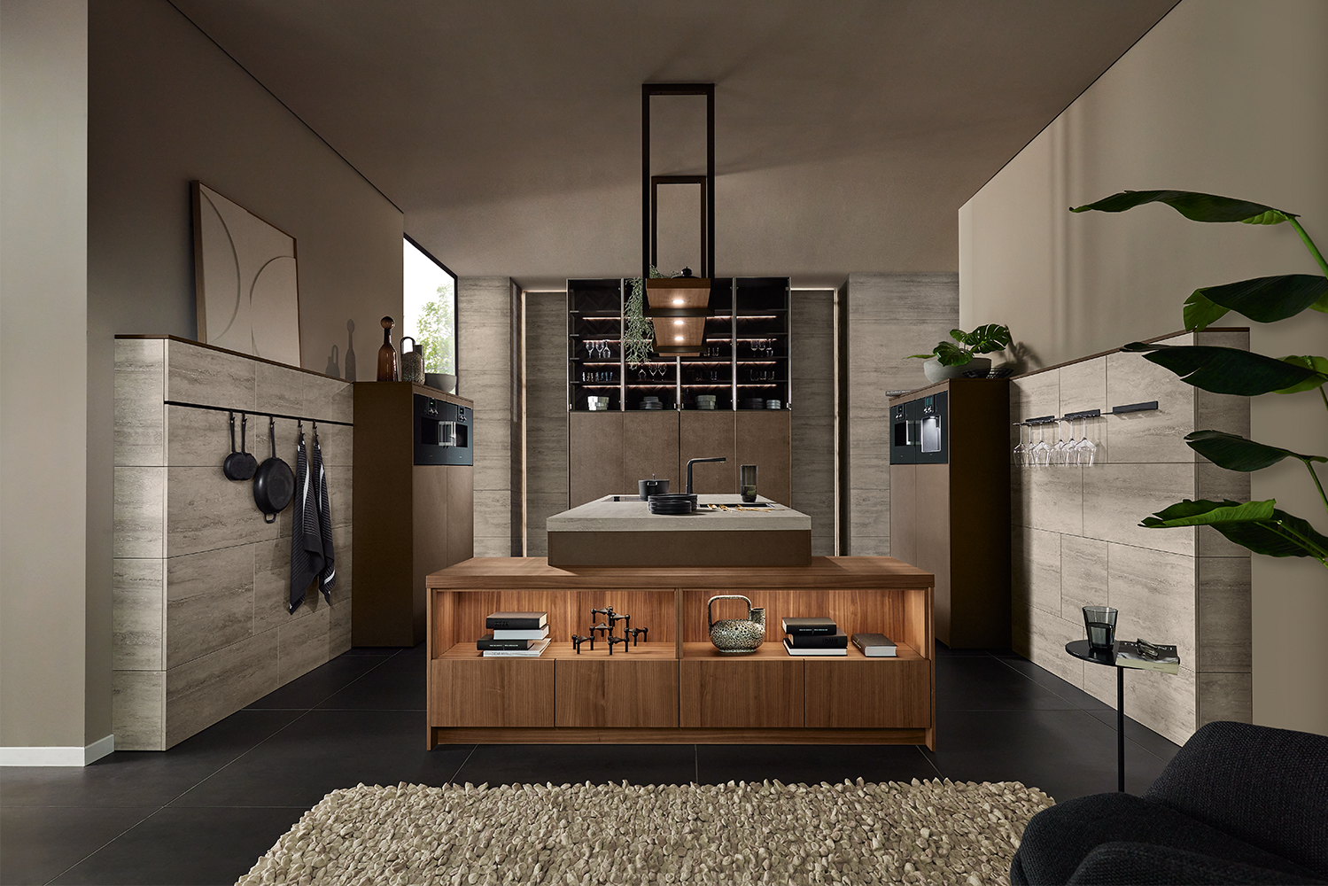 Sophisticated handleless kitchen with walnut veneer and stone finishes, designed with open shelving and centre island by pronorm