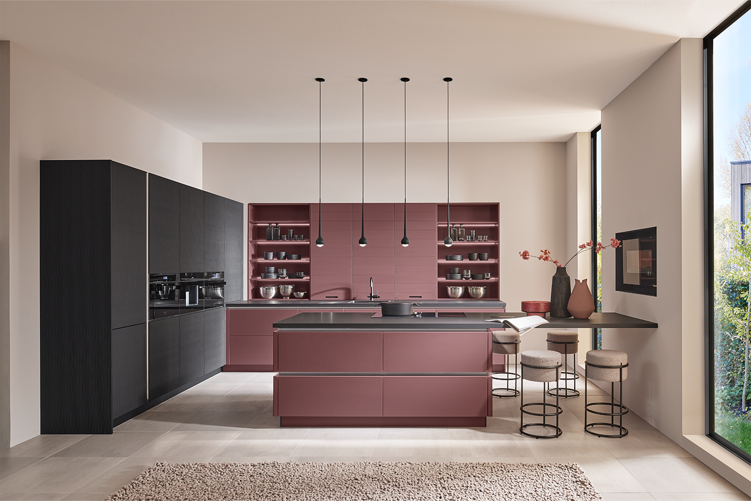 Sleek red kitchen with island, pendant lights and open shelving in American style layout
