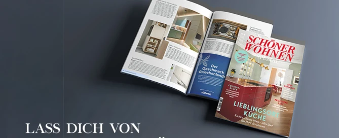 Beitragsbild mit dem aufgeschlagenen Magazin "SCHÖNER WOHNEN SPEZIAL KÜCHE". Auf der aufgeschlagenen Seite sieht man den redaktionellen Beitrag über pronorm zum Thema Stauraum in der Küche. Gezeigt an der Küche im Japandi Stil von pronorm.