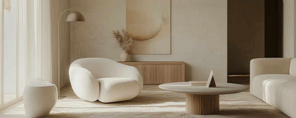 Un salon au style Japandi, calme et lumineux, avec des meubles aux formes arrondies.