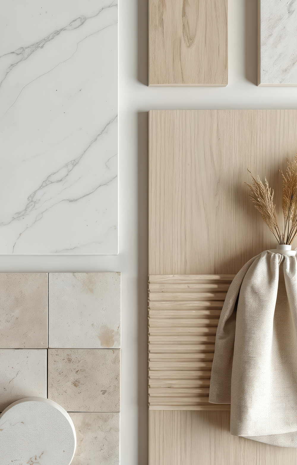 A Japandi-style mood board with different shapes and materials.