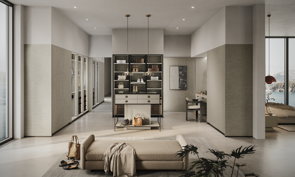 Moderne open inloopkast met luxe inbouwkasten, open planken en make-uptafel – stijlvol interieurontwerp van pronorm.