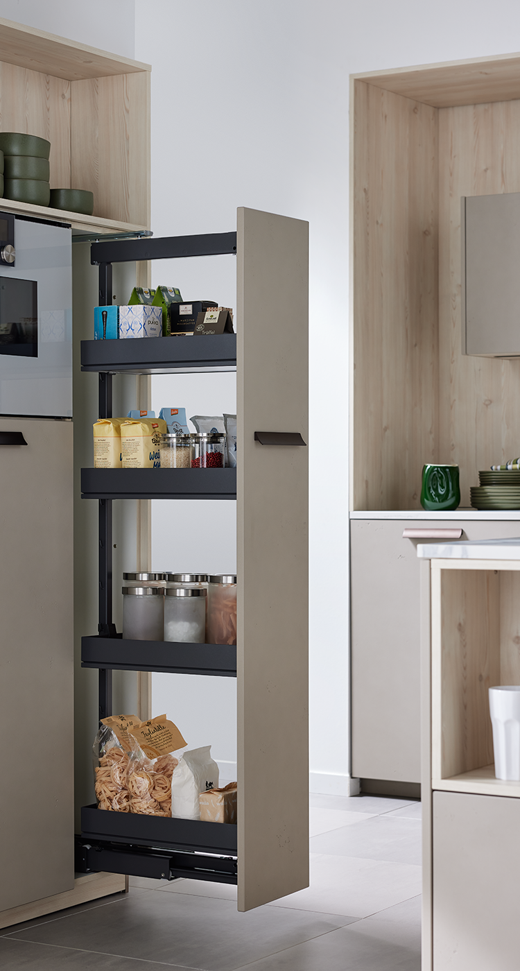 Pull-out larder cabinet for structured kitchen storage and accessible food organisation