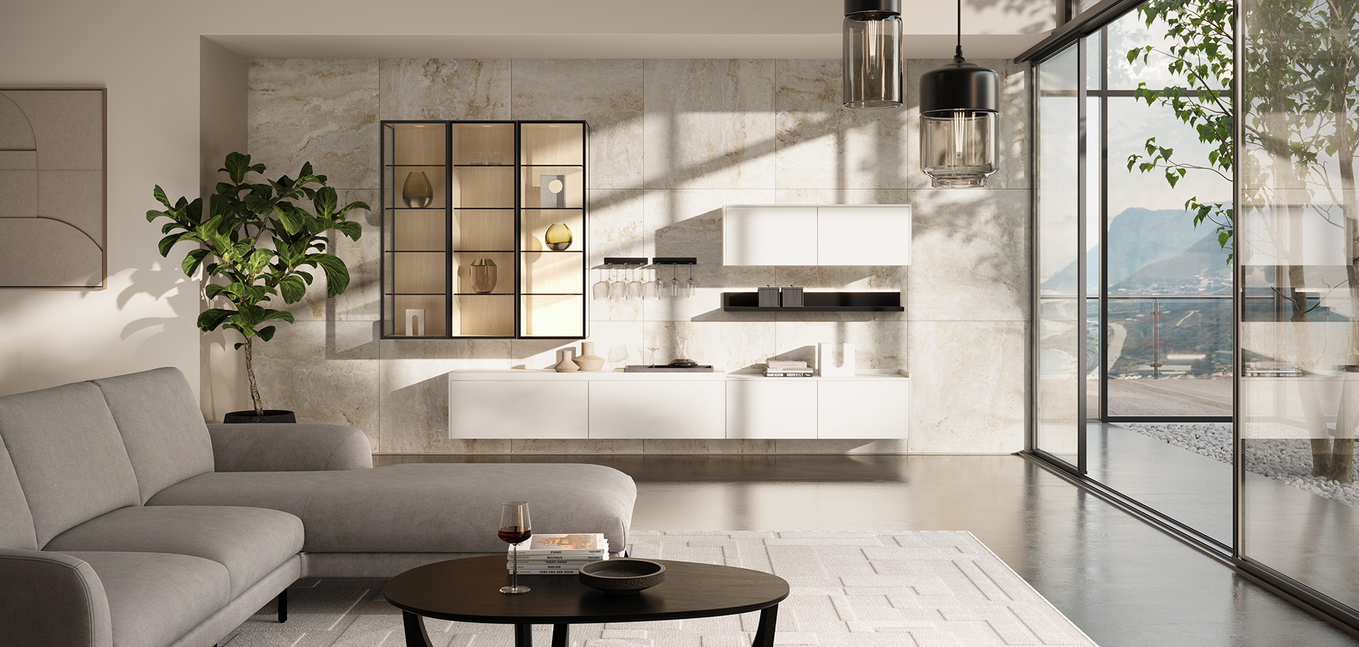 Modern open-plan living room with floating sideboard and glass display cabinet in light beige finish by pronorm