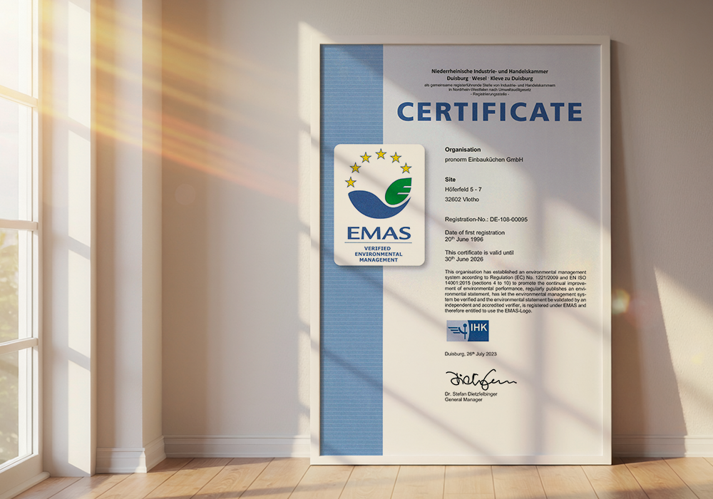 Certificat EMAS pour le management environnemental vérifié de pronorm Einbauküchen GmbH en Allemagne