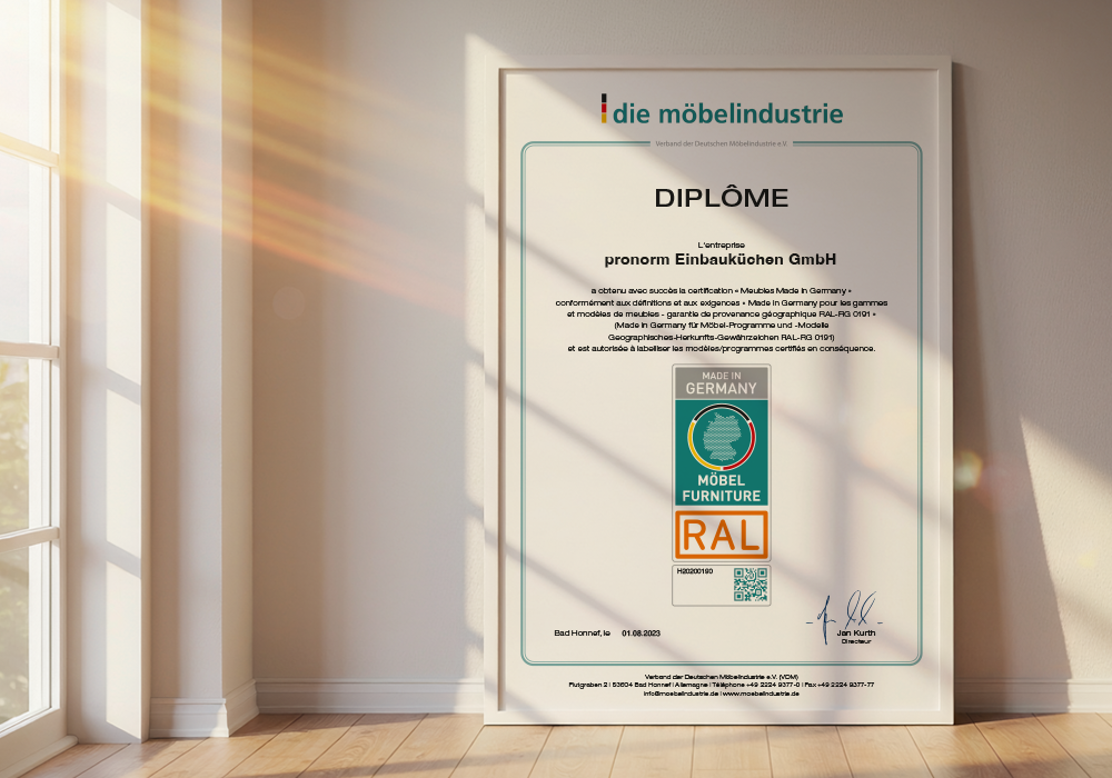 Certificat Made in Germany pour les meubles de pronorm Einbauküchen GmbH