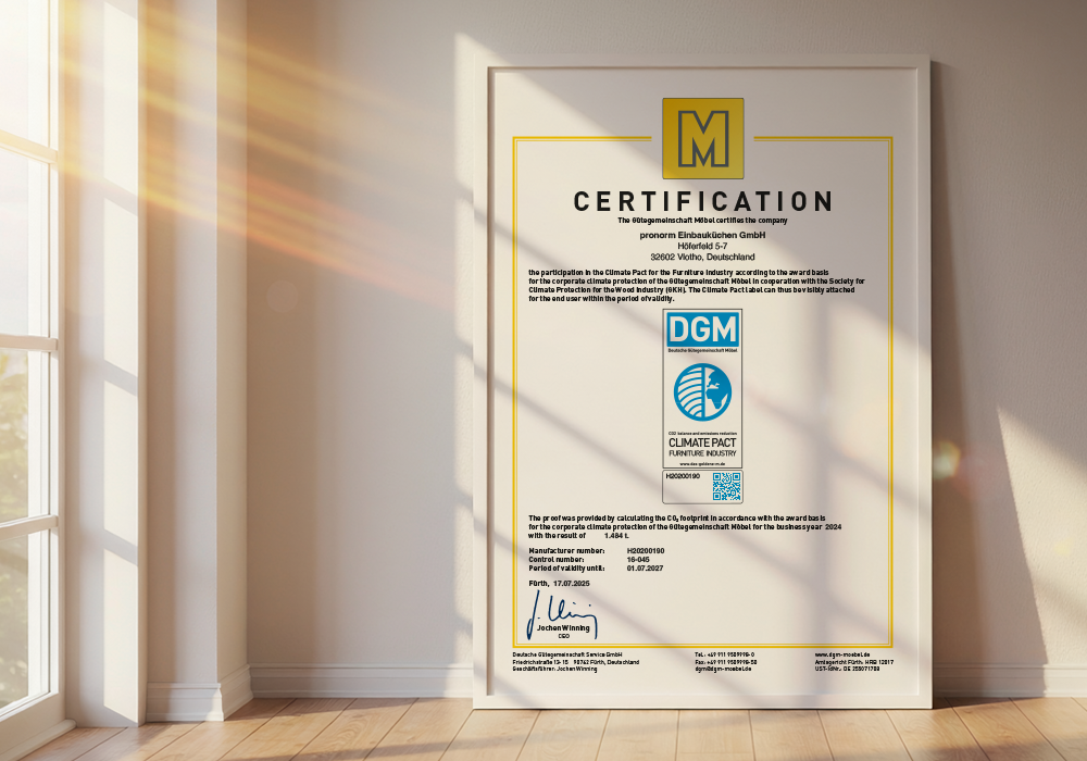 DGM certificate for participation in the Climate Pact of the Furniture Industry, issued to pronorm Einbauküchen GmbH