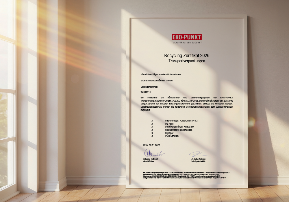 EKO-POINT recycling certificate for transport packaging, issued to pronorm Einbauküchen GmbH