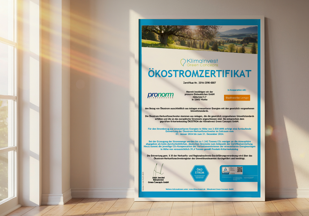 Green electricity certificate from Klimainvest Green Concepts for pronorm Einbauküchen GmbH