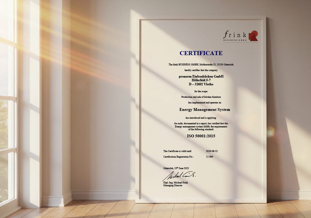 ISO 50001 certificate for energy management at pronorm Einbauküchen GmbH