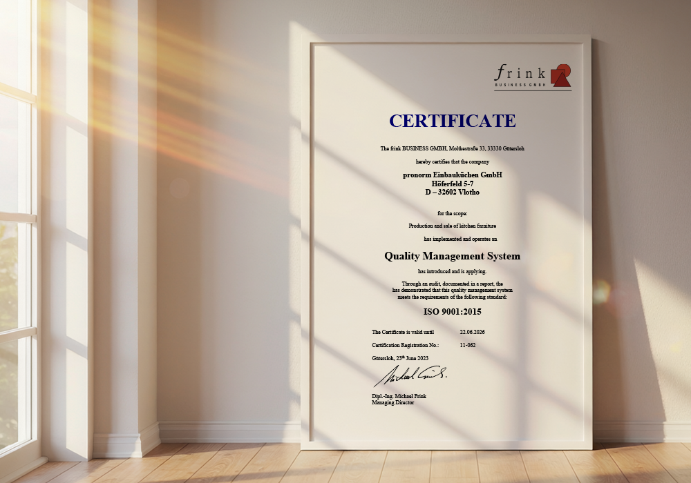 ISO 9001 certificate for quality management at pronorm Einbauküchen GmbH