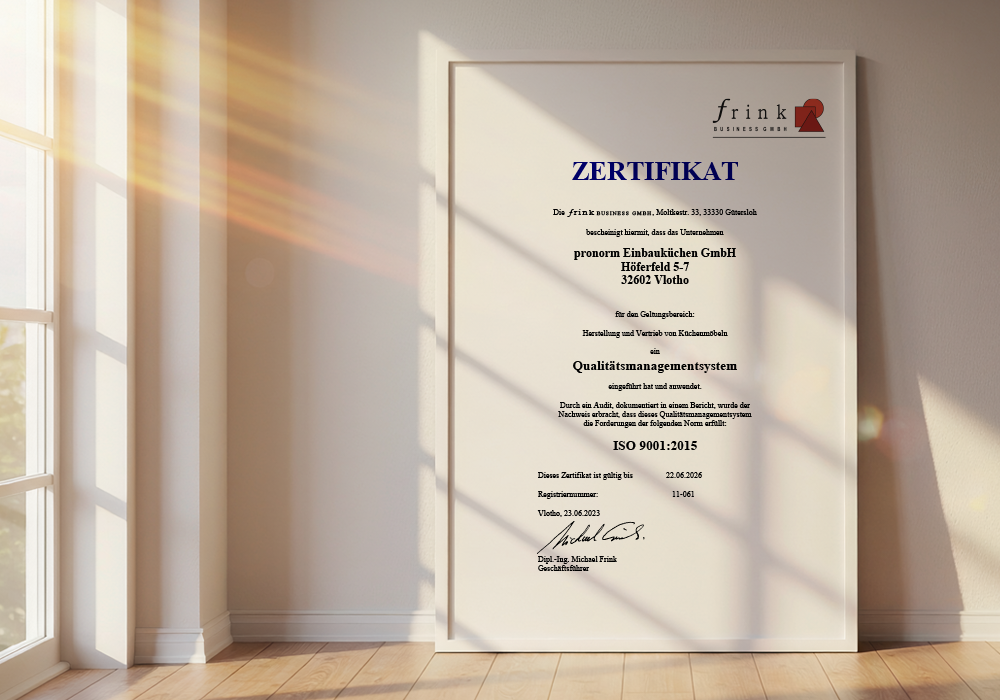 ISO 9001 Zertifikat für Qualitätsmanagement von pronorm Einbauküchen GmbH