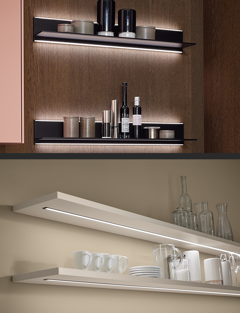 pronorm keuken met verlichte wandplanken boven het keukenwerkblad.