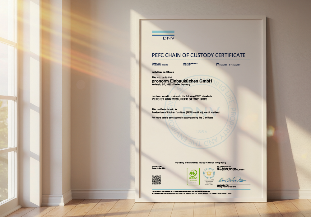 PEFC certificate for responsible wood sourcing at pronorm Einbauküchen GmbH