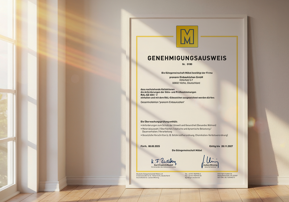 RAL Gütezeichen Genehmigungsausweis für Möbel von pronorm Einbauküchen GmbH