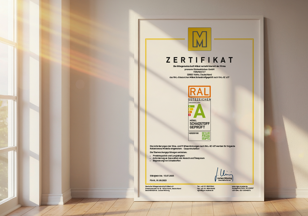 RAL GZ 437 Zertifikat für schadstoffgeprüfte Möbel von pronorm Einbauküchen GmbH