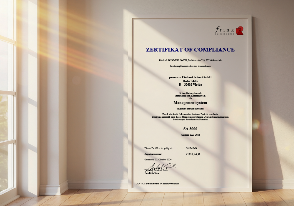 SA8000 Zertifikat für soziale Verantwortung und faire Standards bei pronorm Einbauküchen GmbH