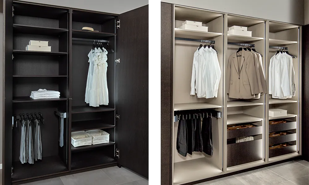 Modern wardrobe with a smart organisation system for space-saving storage in the dressing room.