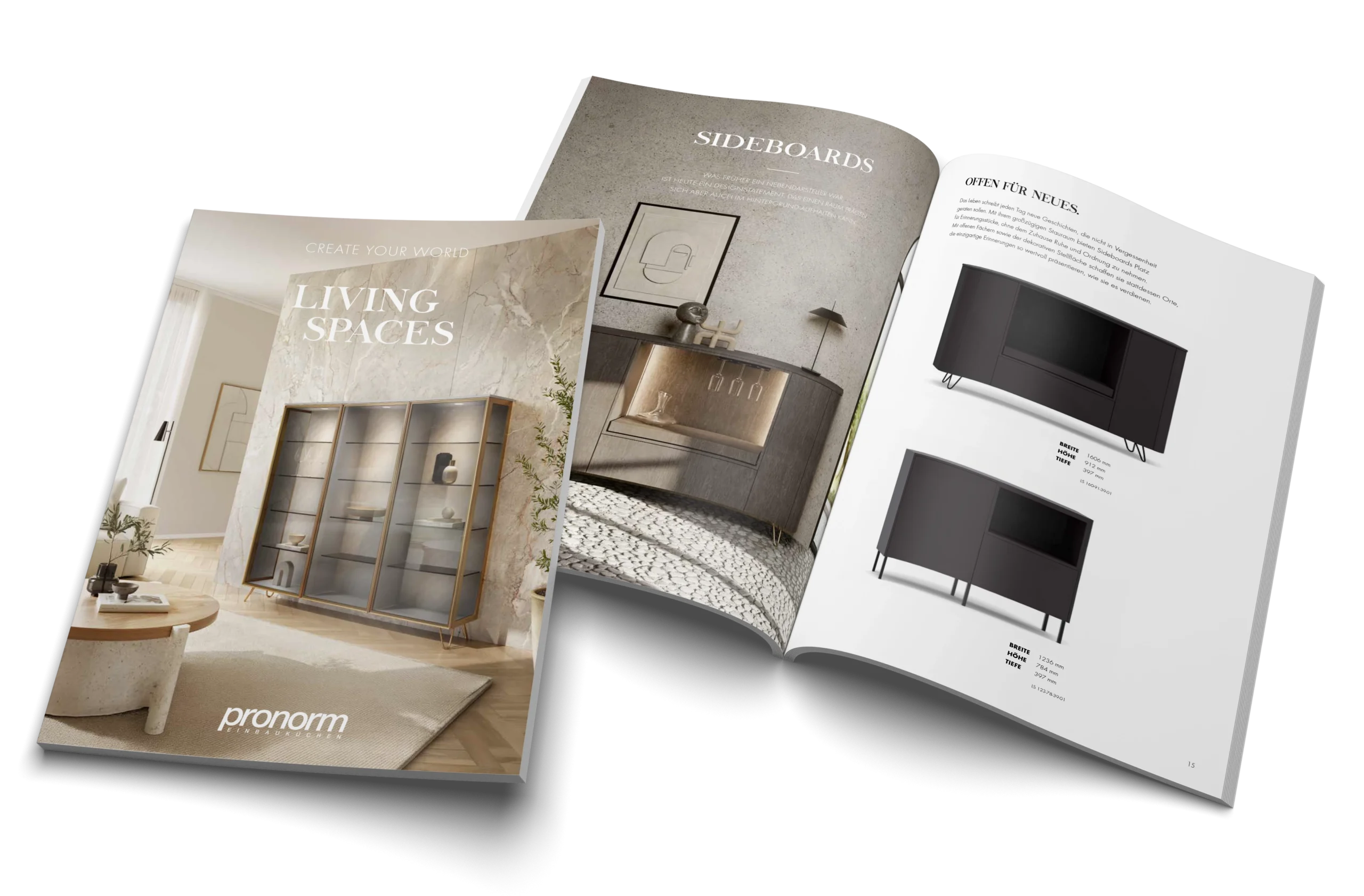 pronorm Katalog „Living Spaces“ mit Wohnmöbeln wie Highboards und Sideboards in modernem Design.