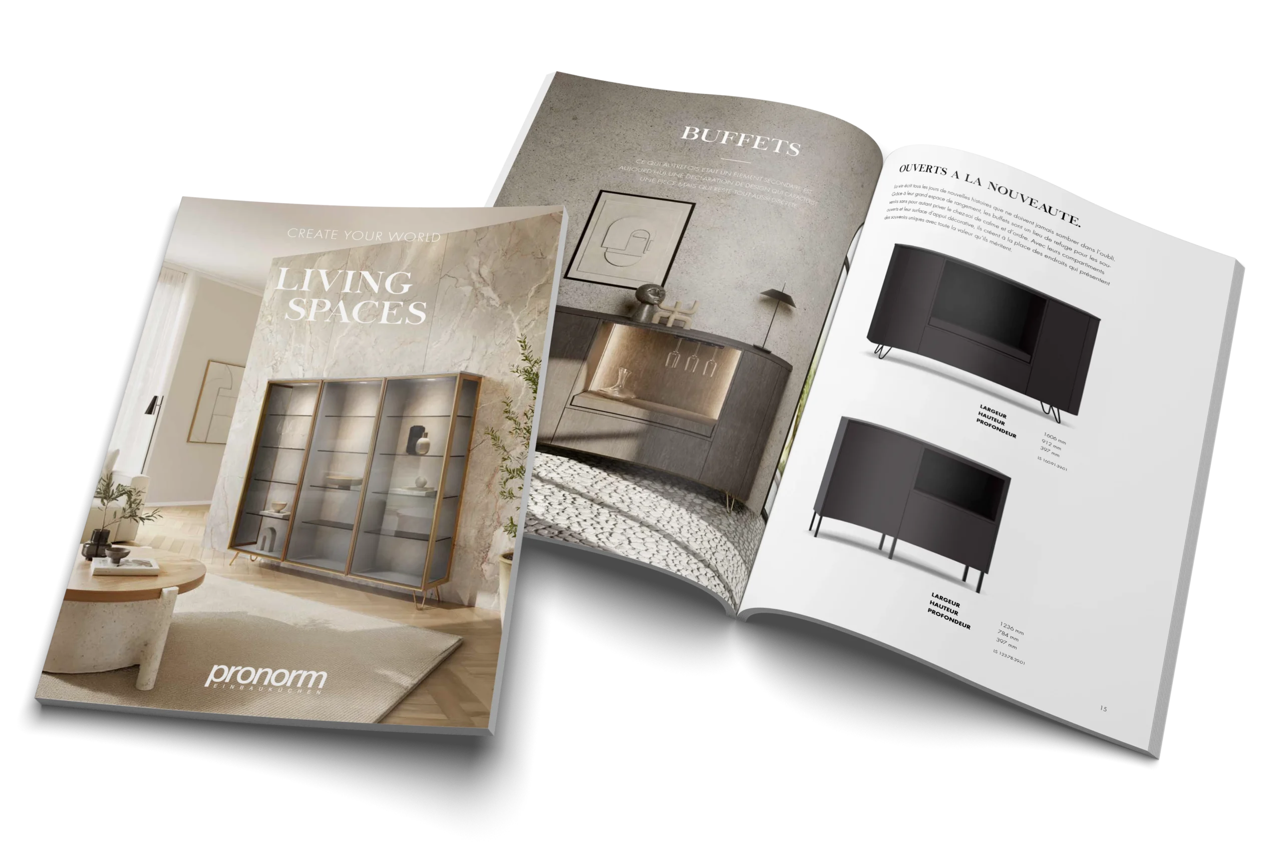 Brochure pronorm Living Spaces présentant des meubles de salon tels que lowboards, sideboards, highboards et un dressing walk-in