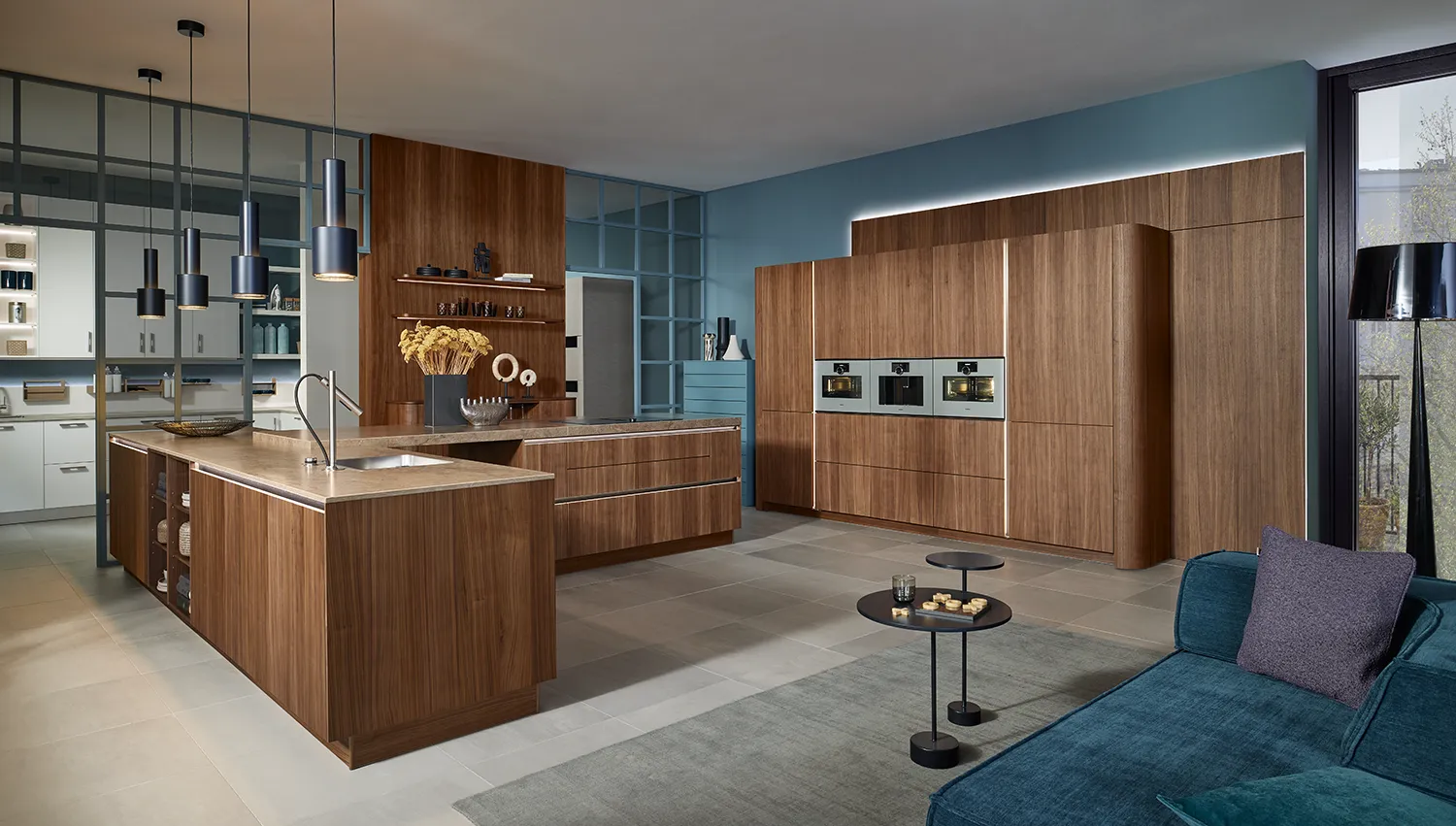 Dark pronorm kitchen with veneer fronts, rounded end panels, and a kitchen island.