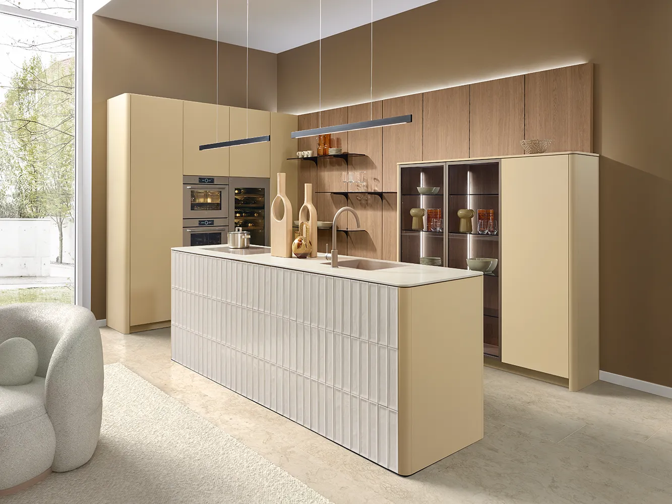 pronorm kitchen with a kitchen island and rounded end panels in soft beige tones.